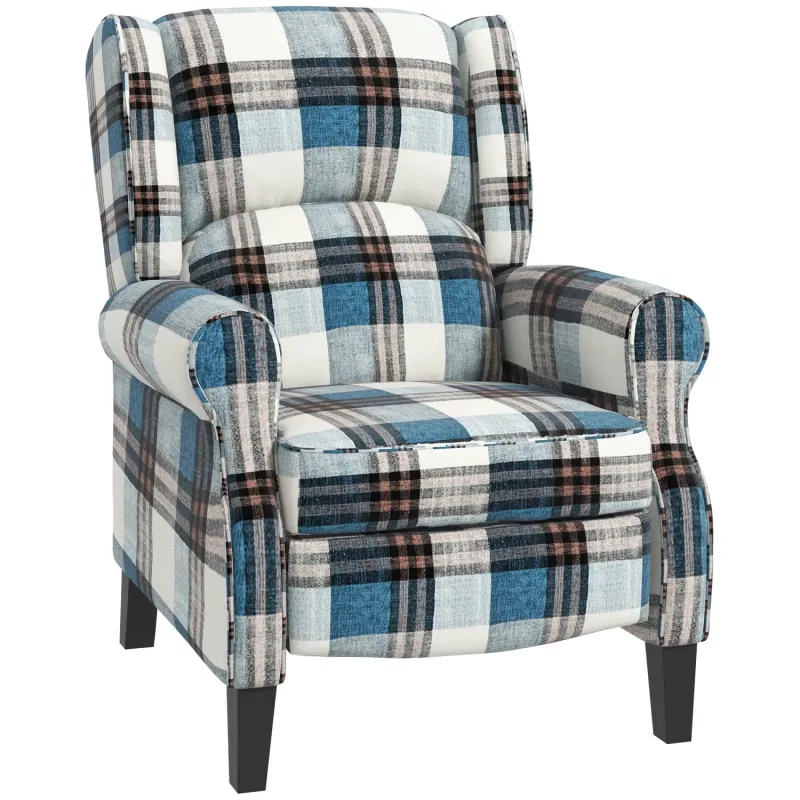  Wingback Manual Recliner Armchair with Footrest - Blue Multi-Check