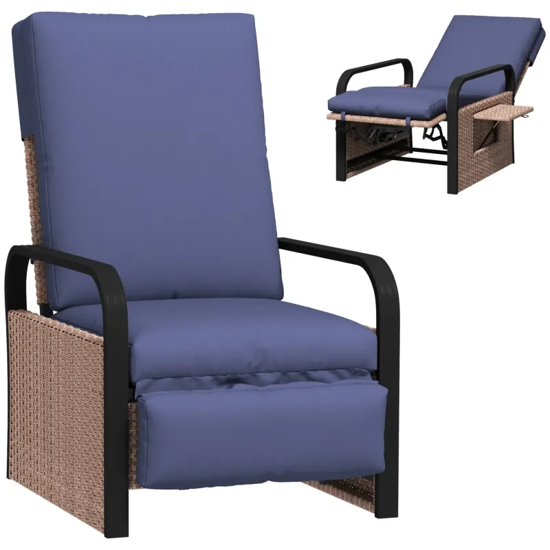  Reclining Rattan Garden Armchair with Footrest and Side Table - Brown/Blue