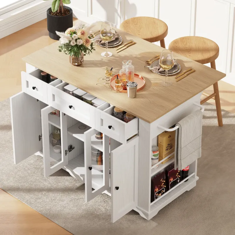 Large Kitchen Island with Extendable Breakfast Bar and Wood Grain Worktop