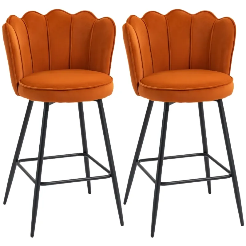  Set of 2 Orange Velvet-Feel Lotus Bar Stools with Scalloped Back