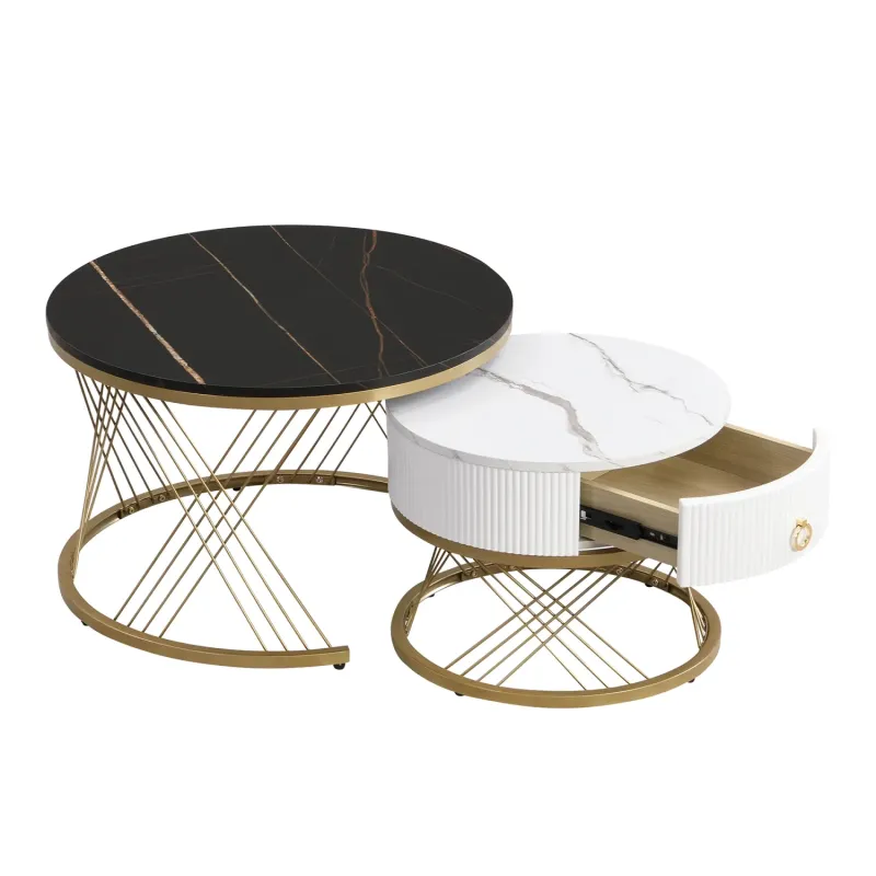 Luxury Marble Effect & Gold Nesting Coffee Table Set with Storage Drawer