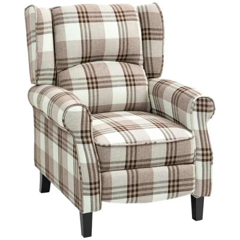 Brown Multi-Check Manual Reclining Armchair with Footrest