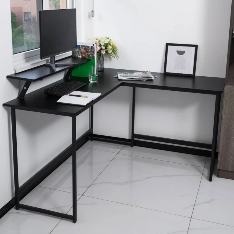 L-Shaped Corner Computer Desk with Metal Frame - Black
