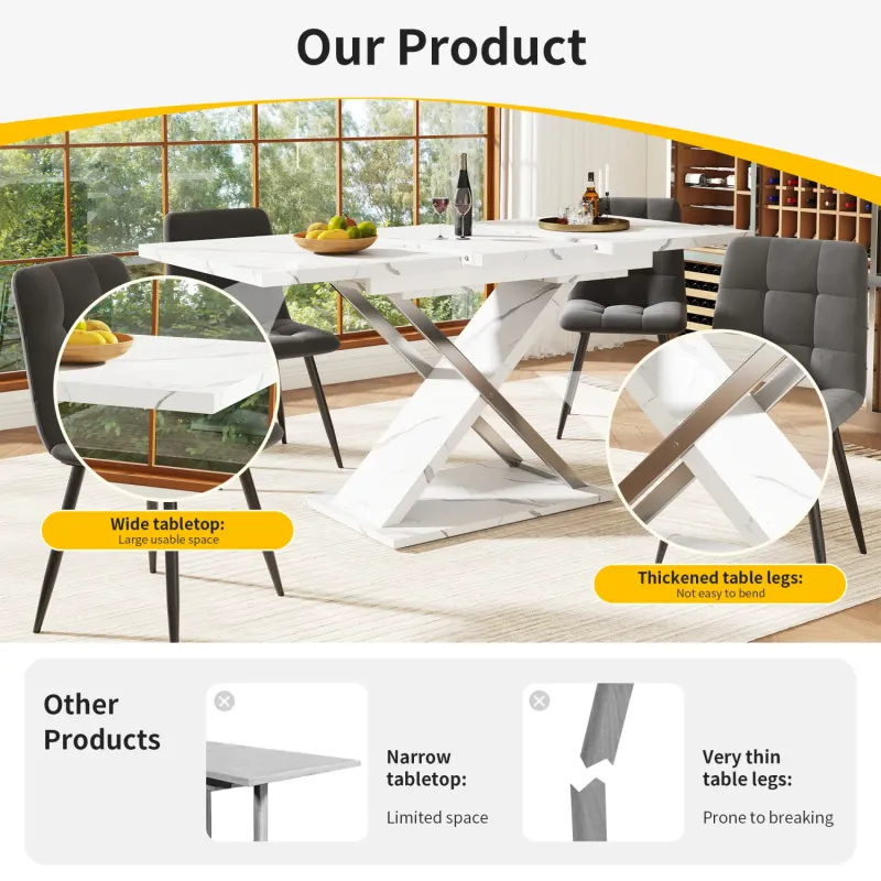 Extendable Marble Effect Dining Table with Cross Legs - 118cm to 157cm