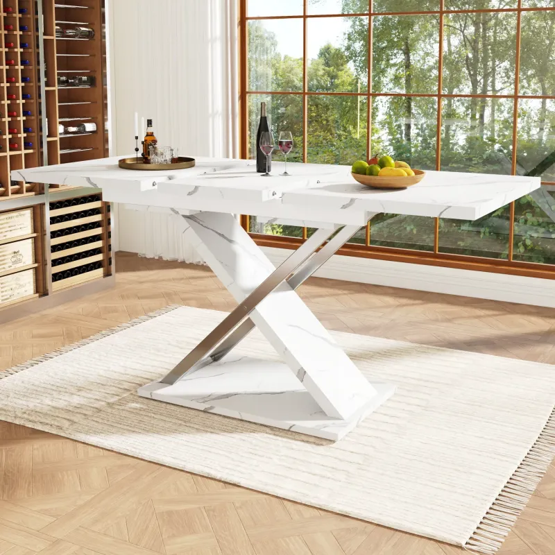 Extendable Marble Effect Dining Table with Cross Legs - 118cm to 157cm