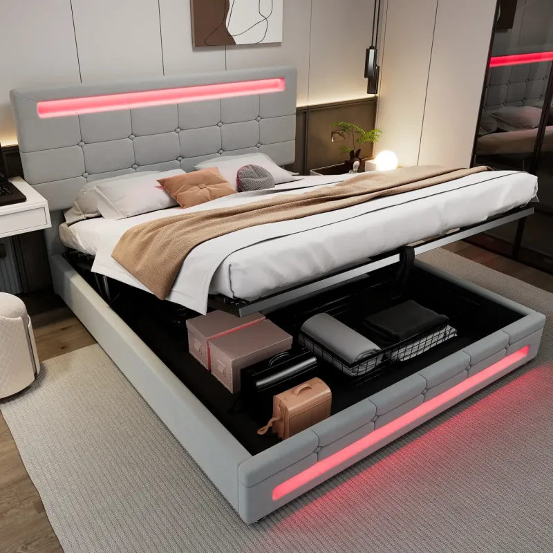 4ft6 Double Grey Velvet Ottoman Bed with App-Controlled LED Lighting