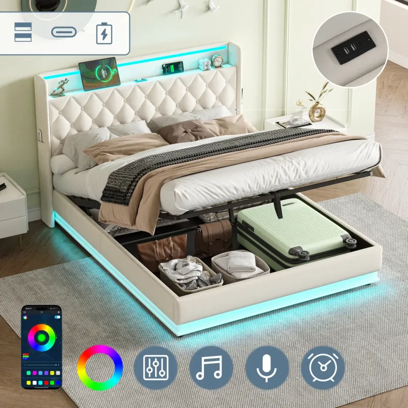 King Size Upholstered Ottoman Bed with LED Lighting, USB Charging and Storage Headboard - Beige Linen
