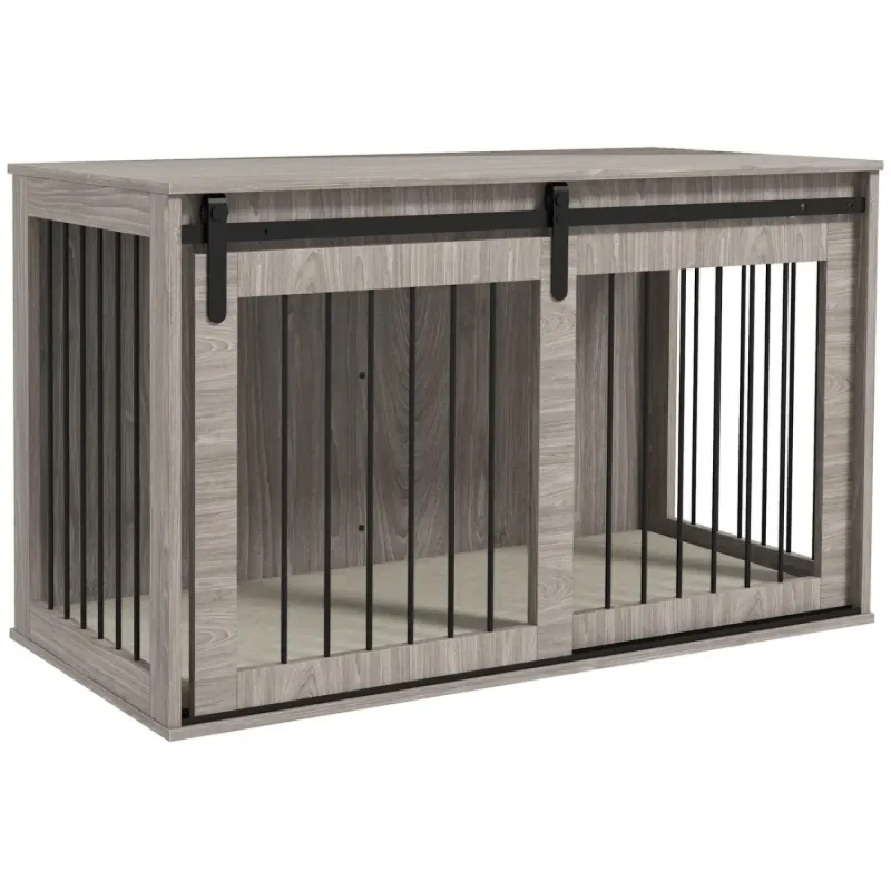 118cm Extra Large Dog Crate Side Table with Sliding Barn Door - Walnut Brown