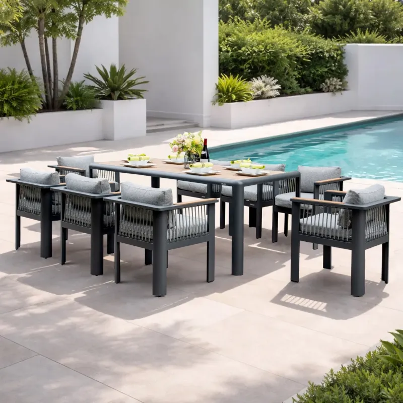 Talara Aluminium Outdoor Dining Set, 8 Seater Set, in Wood-Look, with a Rectangular Table & Teak Armrest Chairs