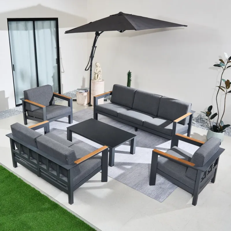Arve 7-Seater Aluminium Garden Lounge Set with Teak Accents - Carbon Black