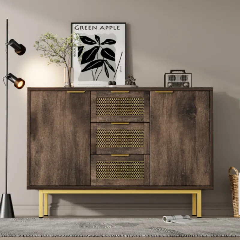 Dark Wood Grain 3-Drawer 2-Door Sideboard, 120cm in Dark Brown, with Metal Mesh Detail