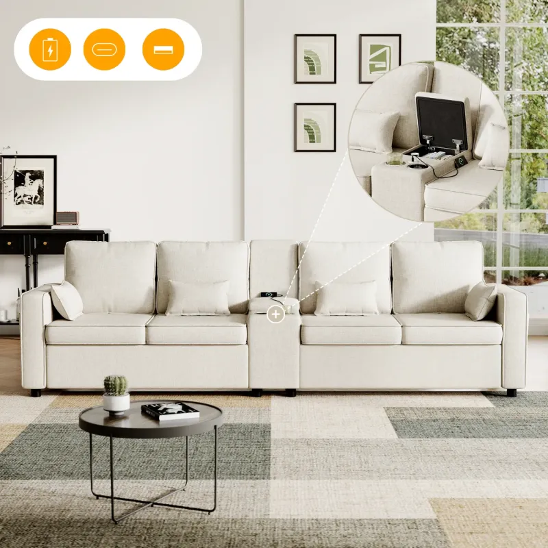 4-Seater Beige Linen Sofa with Storage Console and USB Charging Ports
