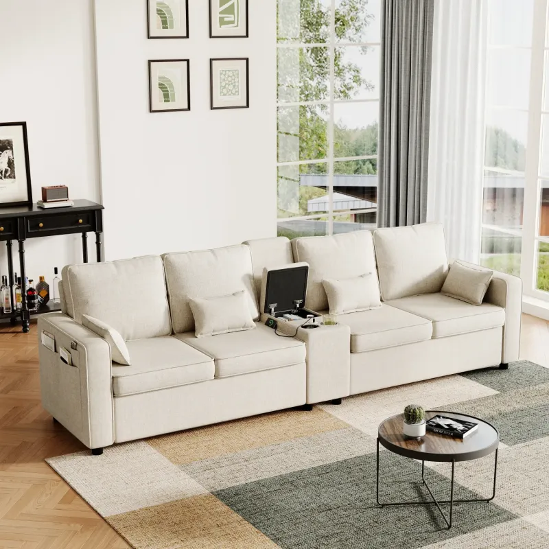 4-Seater Beige Linen Sofa with Storage Console and USB Charging Ports
