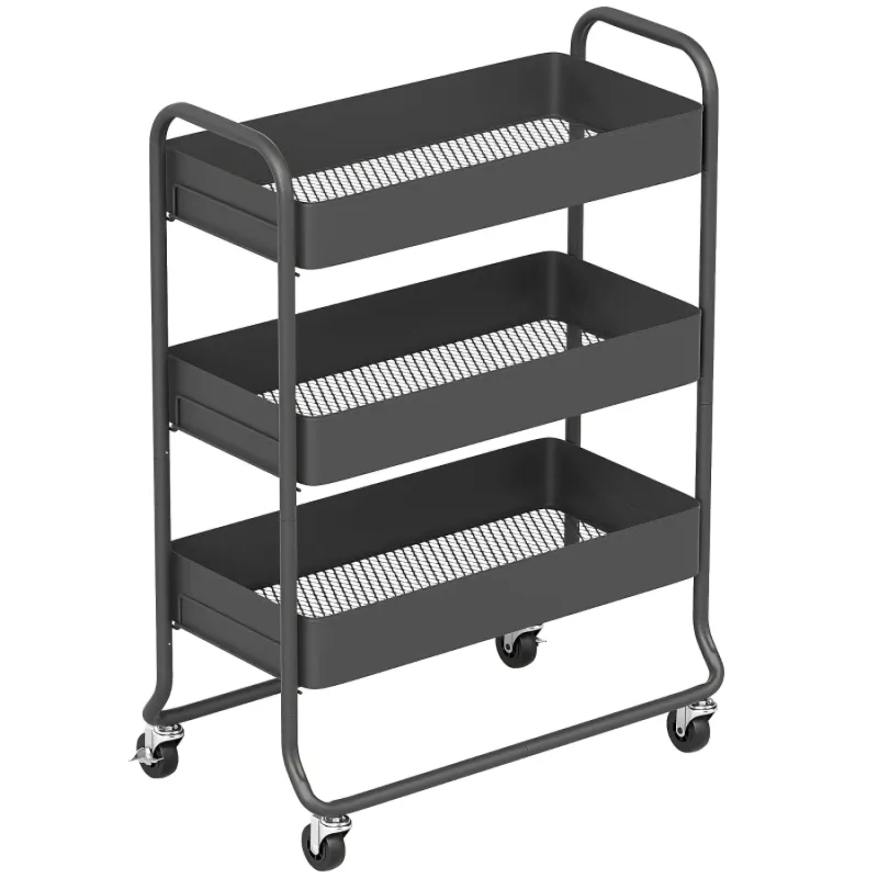  3-Tier Metal Storage Trolley with Mesh Baskets - Black
