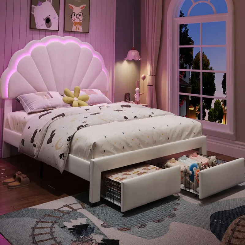 Shell Back Upholstered Double Bed with LED Lights and Storage Drawers - Beige Velvet