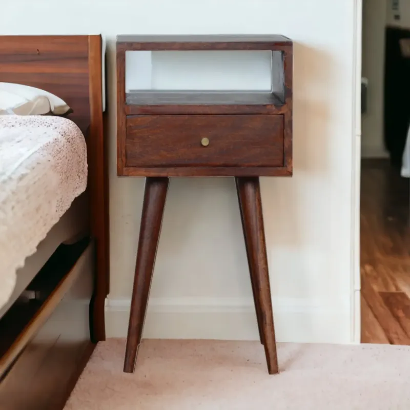 Compact Dark Brown Solid Wood Bedside Table with Drawer and Shelf