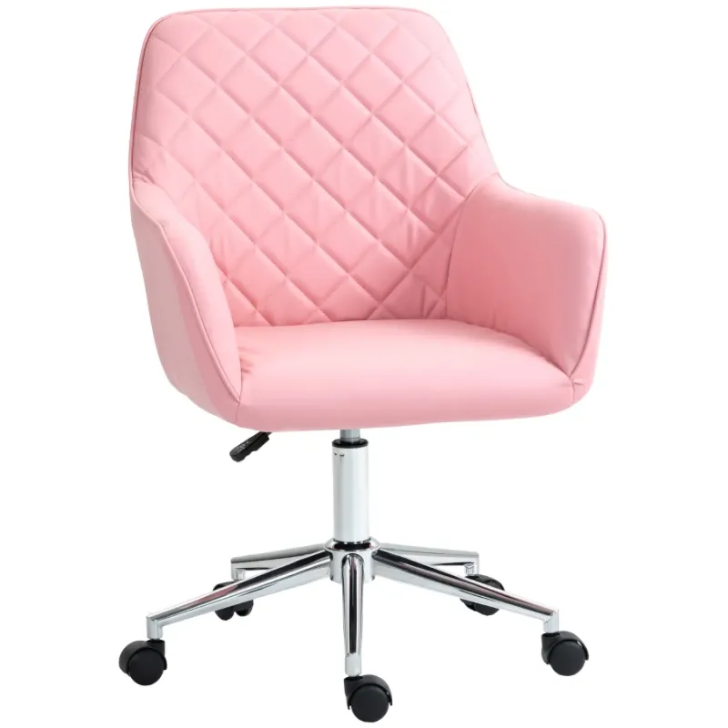 Pink Faux Leather Swivel Office Chair with Diamond Stitching