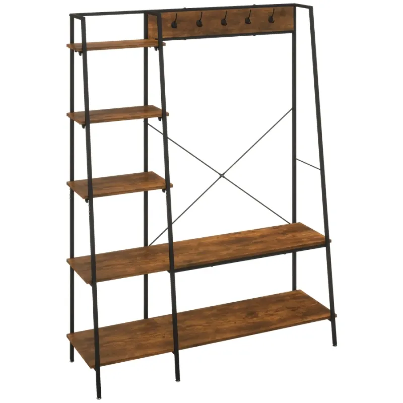 Industrial Style Clothes Rail with 5-Tier Shelving, 5 Hooks and 2-Tier Shoe Rack - Rustic Brown and Black