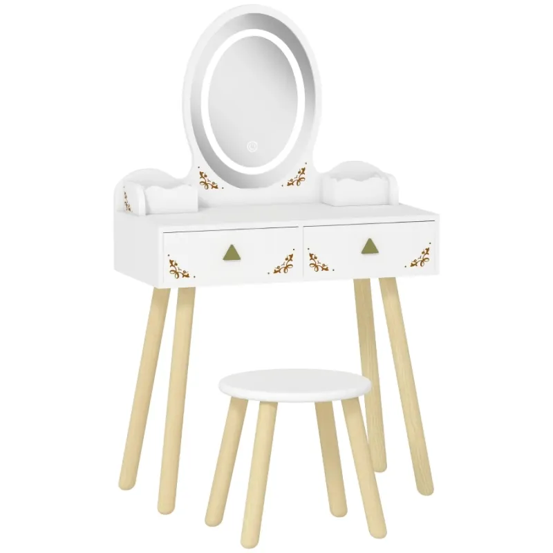 AIYAPLAY Kids Dressing Table and Chair Set with 3-Colour LED Mirror and Storage