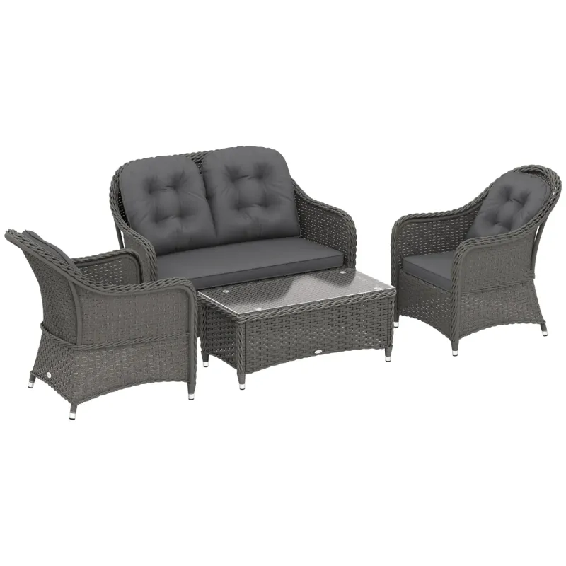  4-Piece Rattan Garden Furniture Set with 2-Seater Sofa, 2 Armchairs and Coffee Table - Light Grey