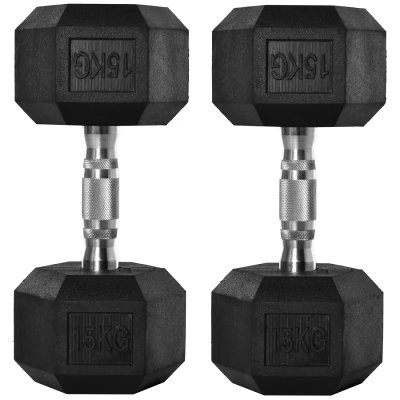 30kg Rubber Hex Dumbbell Set - Pair of 15kg Weights