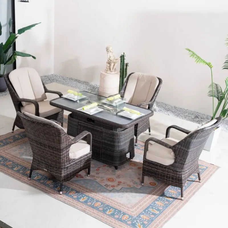 4-Seater Brown Rattan Fire Pit Dining Set with Lift-Top Table & Aluminium Frame