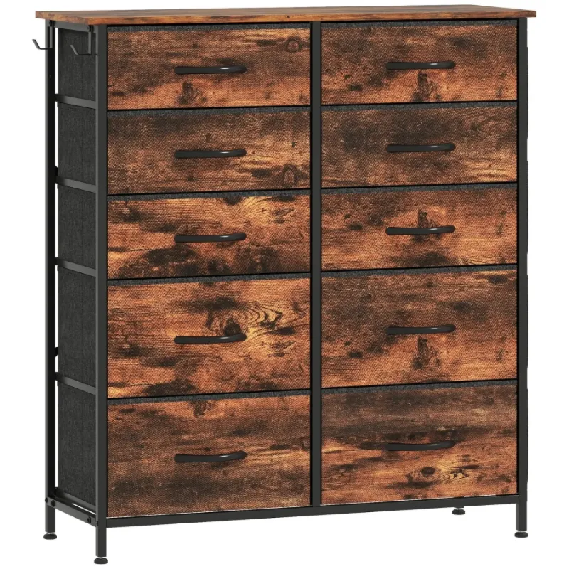 Rustic Brown 10-Drawer Fabric Chest of Drawers with Side Storage