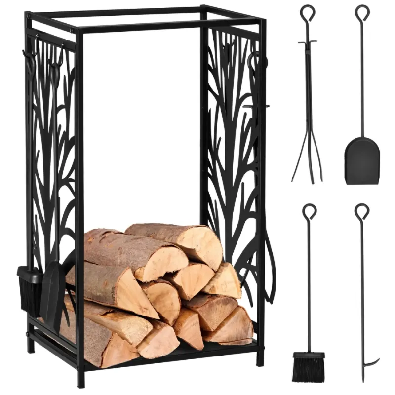 Steel Firewood Log Rack with 4 Companion Tools - Indoor & Outdoor - Black