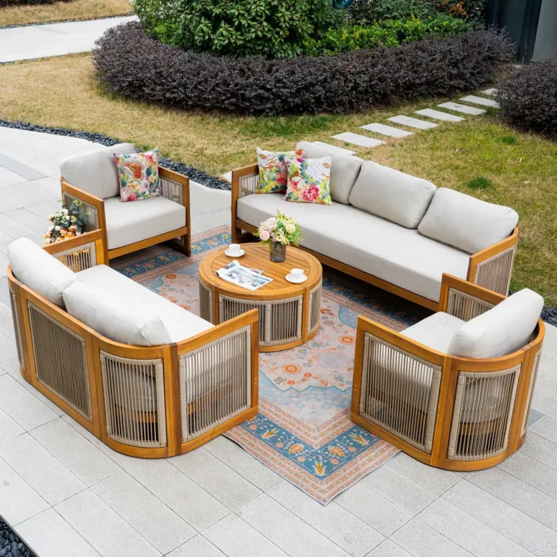 Caven 7-Seater Acacia Wood Garden Sofa Set with Storage Coffee Table - Natural