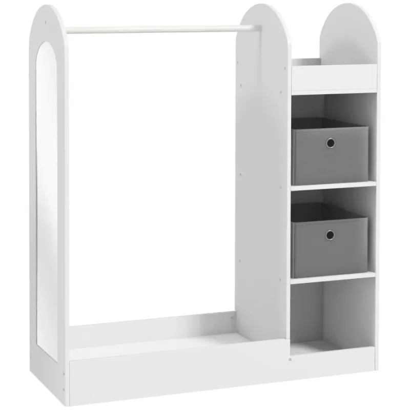 Children's White Clothes Rail with Mirror, Storage Shelves and Fabric Boxes