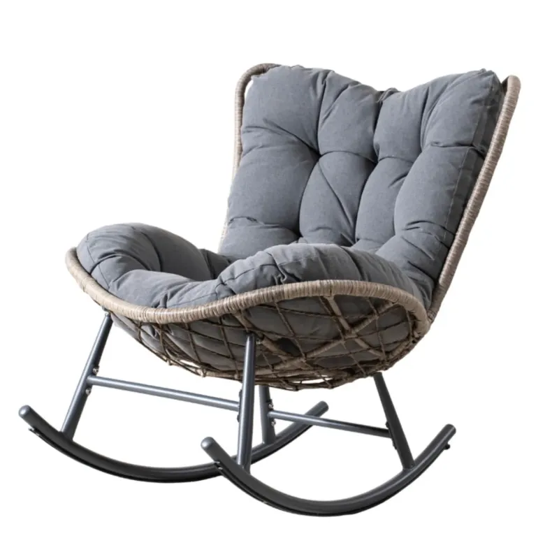 Grey Metal and Rattan Garden Rocking Chair with 15cm Thick Cushion