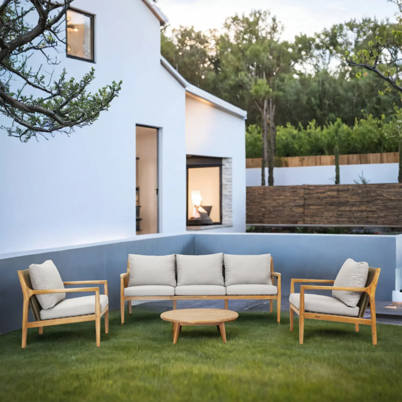 Solara 5-Piece Solid Wood Garden Lounge Set with Taupe Rope and Grey Cushions