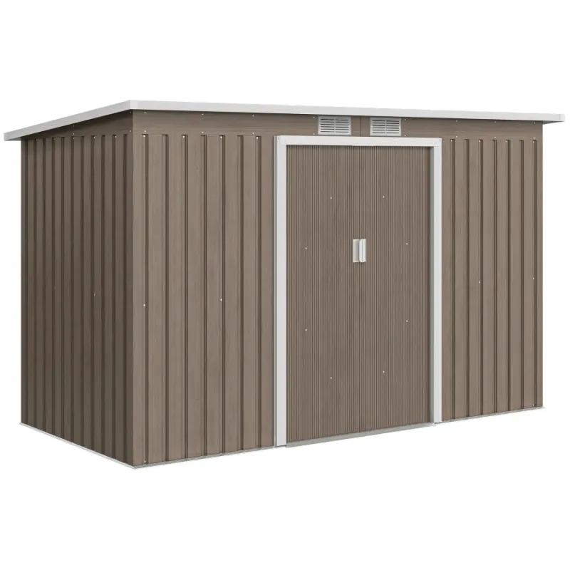 4ft x 9ft Galvanised Metal Garden Storage Shed with Foundation Kit - Brown