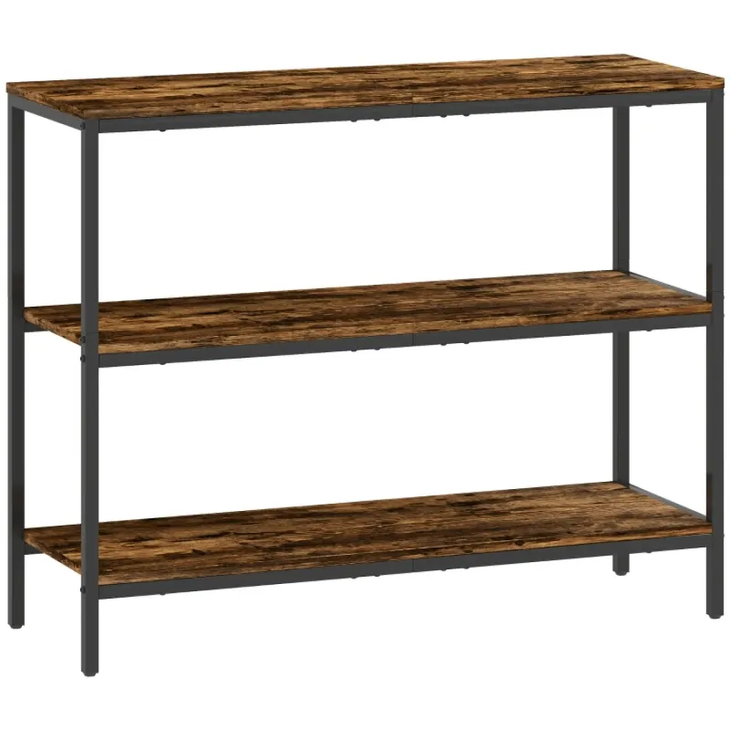 Industrial 3-Tier Console Table with Storage Shelves - Rustic Brown