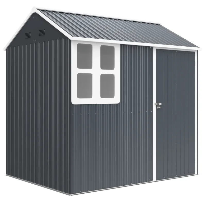  7 x 6ft Galvanised Steel Garden Storage Shed with Window - Dark Grey