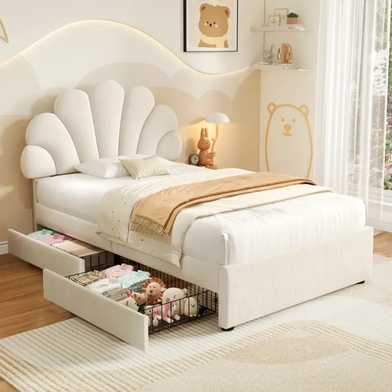 Single Beige Velvet Upholstered Bed Frame with Adjustable Petal Headboard and 2 Storage Drawers