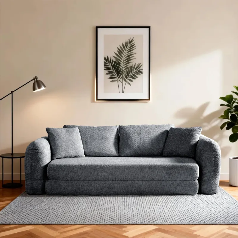 Softy Fabric Pull-Out Sofa Bed, L239cm, in Grey, with High-Density Foam and 4 Cushions