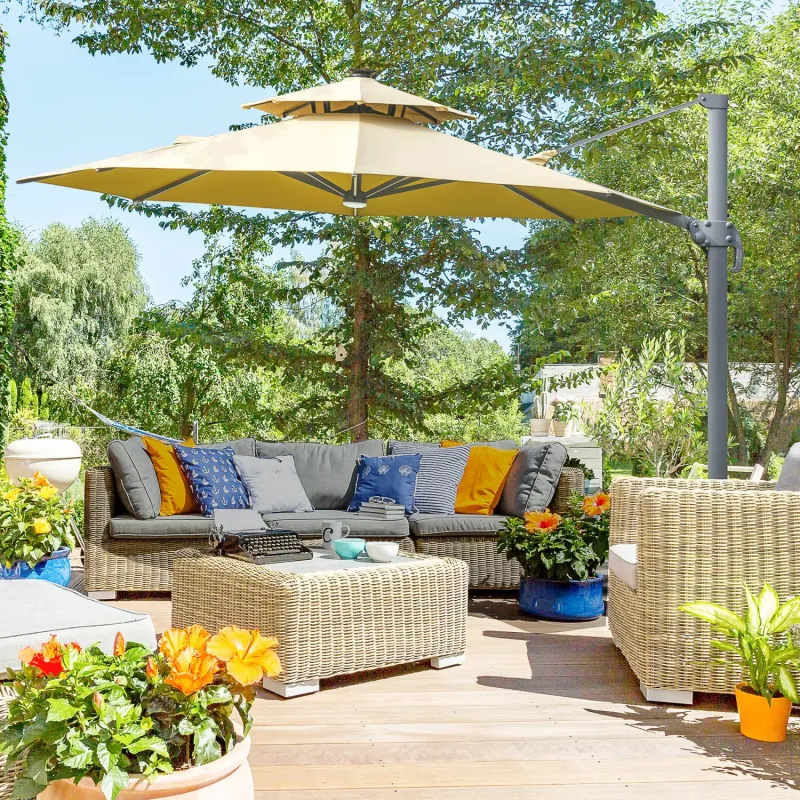  3.3m Solar Cantilever Parasol with LED Lights, USB Power Bank & 360° Spin - Beige