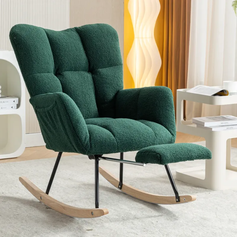 Modern Teddy Fabric Rocking Chair with Pull-out Footrest - Green