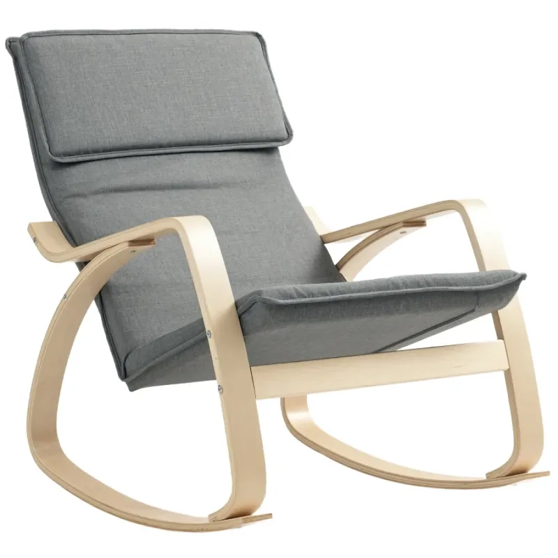  Upholstered Rocking Chair with Wooden Frame and Headrest - Grey