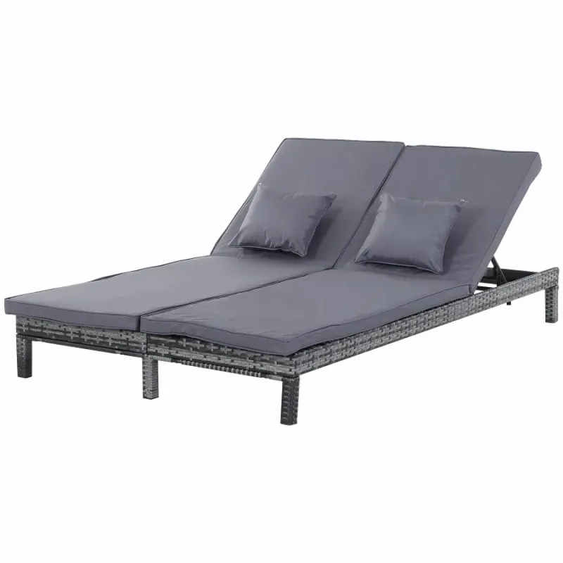  2-Seater Rattan Garden Lounger with Adjustable Backrest - Grey