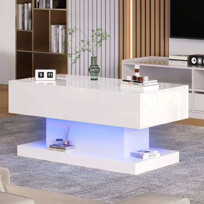 White High Gloss Lift-Up Coffee Table with LED Storage & Bluetooth App Control - 100cm