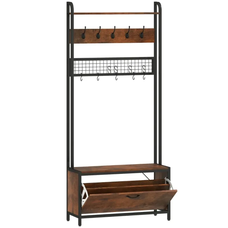 Industrial Hallway Tree with Shoe Storage Bench, Coat Rack and 10 Hooks - Rustic Brown