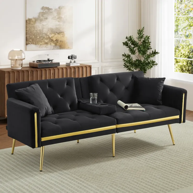 Velvet 2-Seater Sofa Bed with Hidden Cup Holders and Gold Metal Legs
