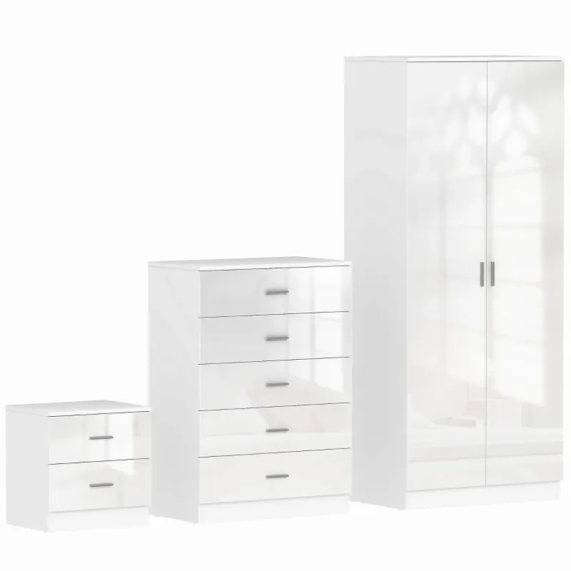 High Gloss 3-Piece Bedroom Furniture Set: Wardrobe, 5-Drawer Chest & Bedside Table - White
