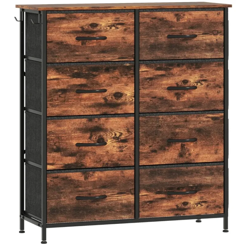 8-Drawer Fabric Chest of Drawers with Side Pockets and Hooks - Rustic Brown