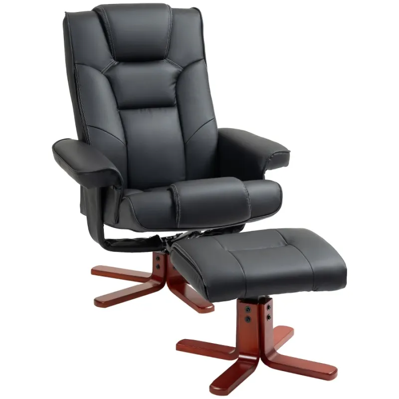 Luxury Faux Leather Manual Recliner Armchair with Matching Footstool - Black