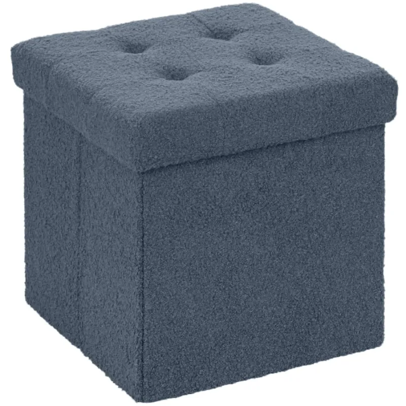 Blue Sherpa Fleece Foldable Storage Ottoman - 38cm Tufted Footstool