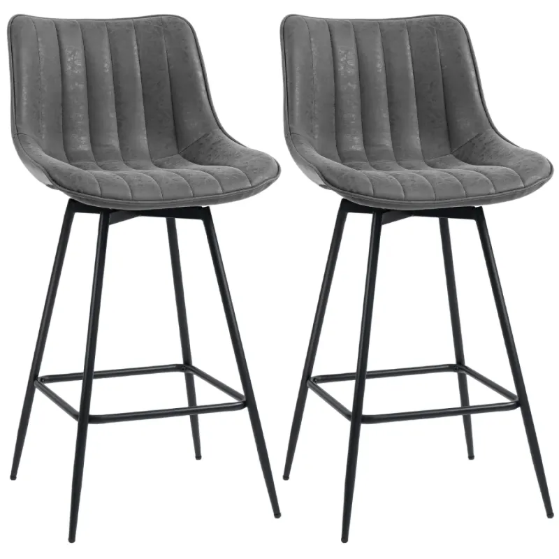  Set of 2 Grey PU Leather Swivel Bar Stools with Checkerwork Design