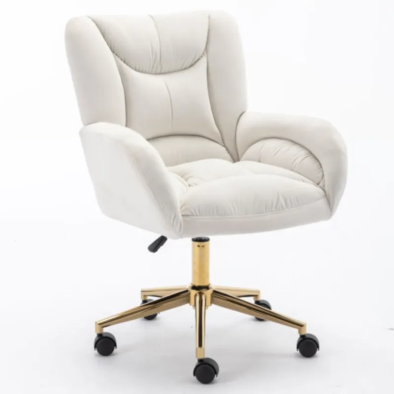 Ivory Velvet Swivel Home Office Chair with Gold Base